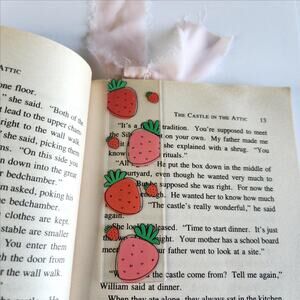 Artsy Strawberries Berry Print Bookmark Ribbon Bow Pink Coquette Bookish Gift